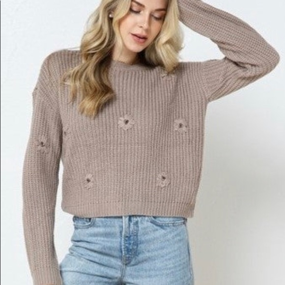 Cozy Casual Sweaters - COZY CO LONG SLEEVE SWEATER WITH FLOWER AND BEADING MOCHA M/L BRAND NEW PERFECT
